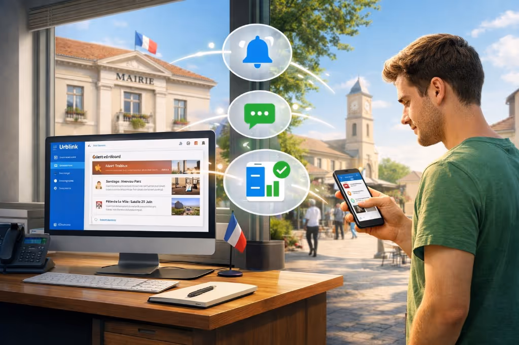 Tableau de bord Urblink sur un poste en mairie relié à l’application mobile d’un citoyen devant la mairie.
