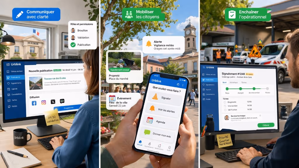 Trois scénarios Urblink : publication et rôles en mairie, application citoyenne mobile, suivi opérationnel des signalements sur le terrain.